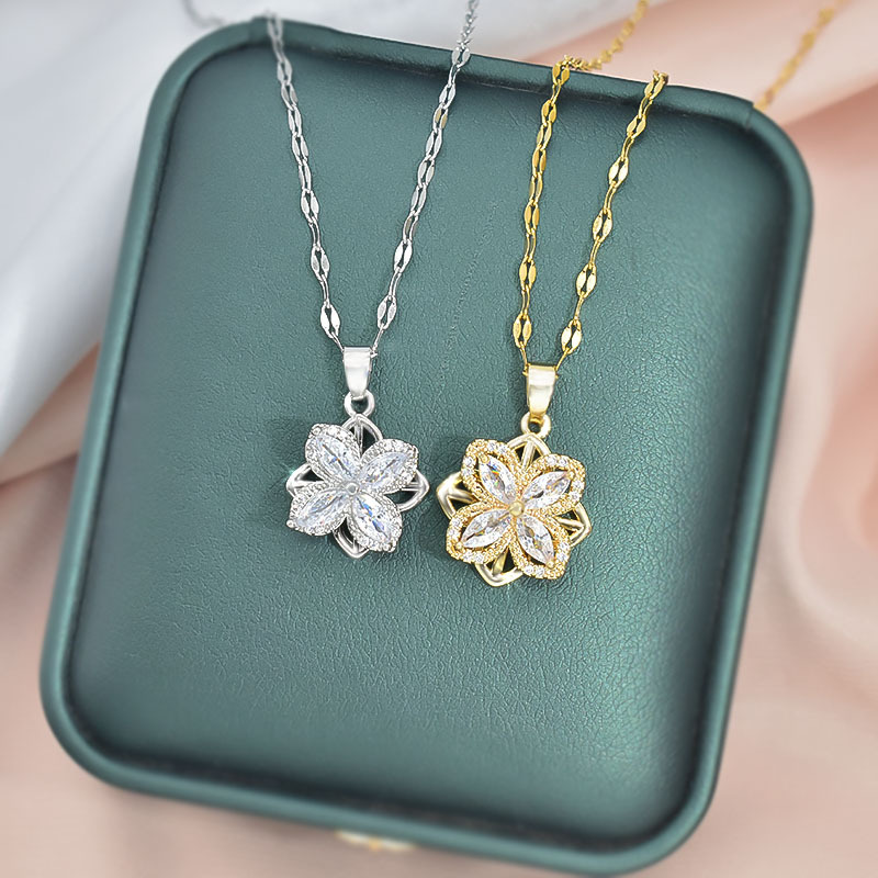 Rotatable Titanium Steel Four Petal Flower Necklace Female Inlaid