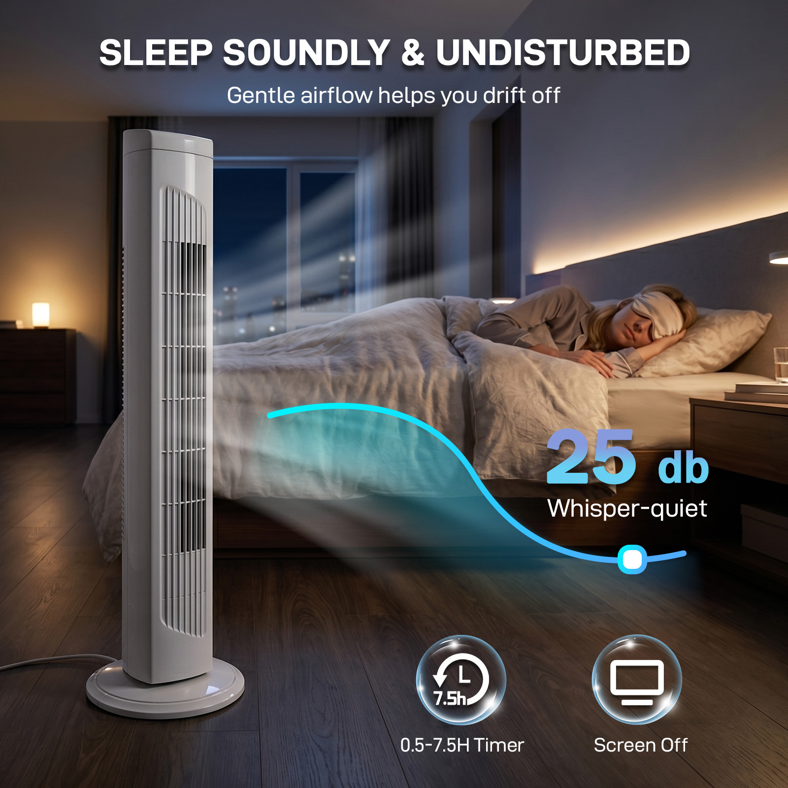 32 Inch Tower Fan With Remote & Touch Control, 110V 45W Quiet Oscillating Column Fan, Copper Motor, 3 Speeds 3 Modes, 7.5H Timer, Slim White Standing Fan For Bedroom Living Room Home Use — foto 8
