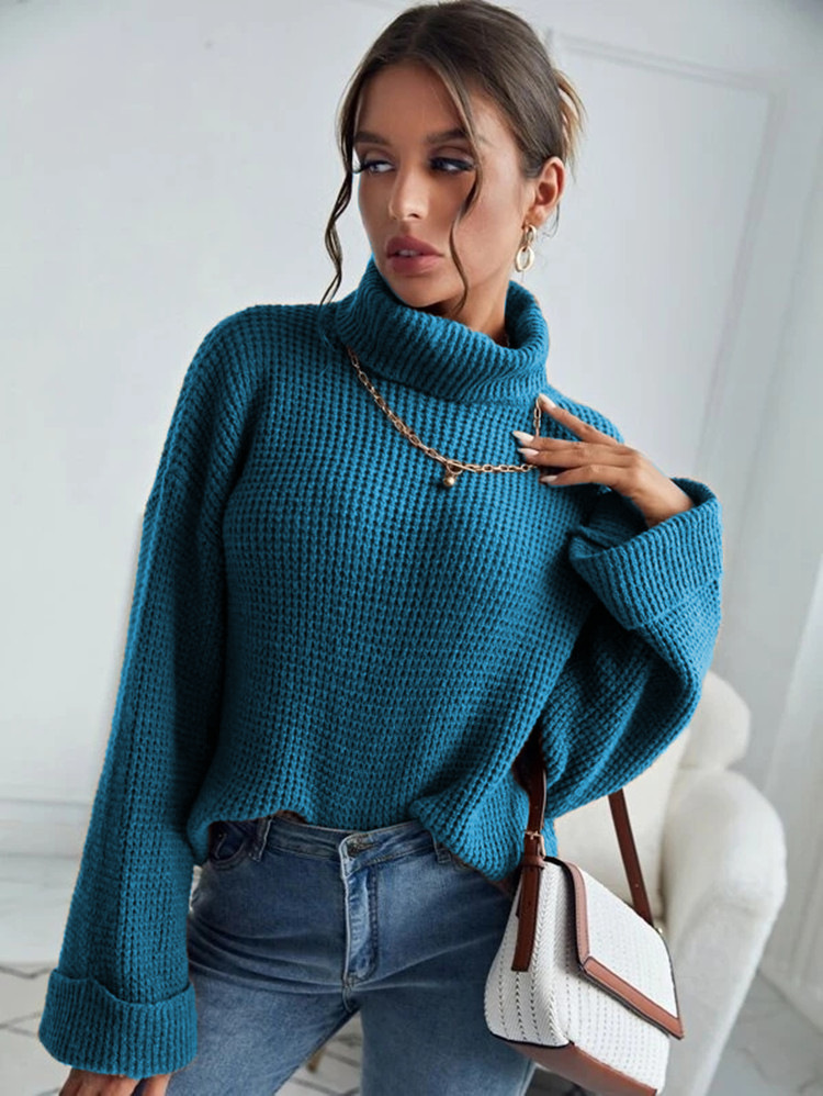 New Style High Collar Solid Color Slim Knit Sweater For Women Pore Blue - Shop at LoveMi
