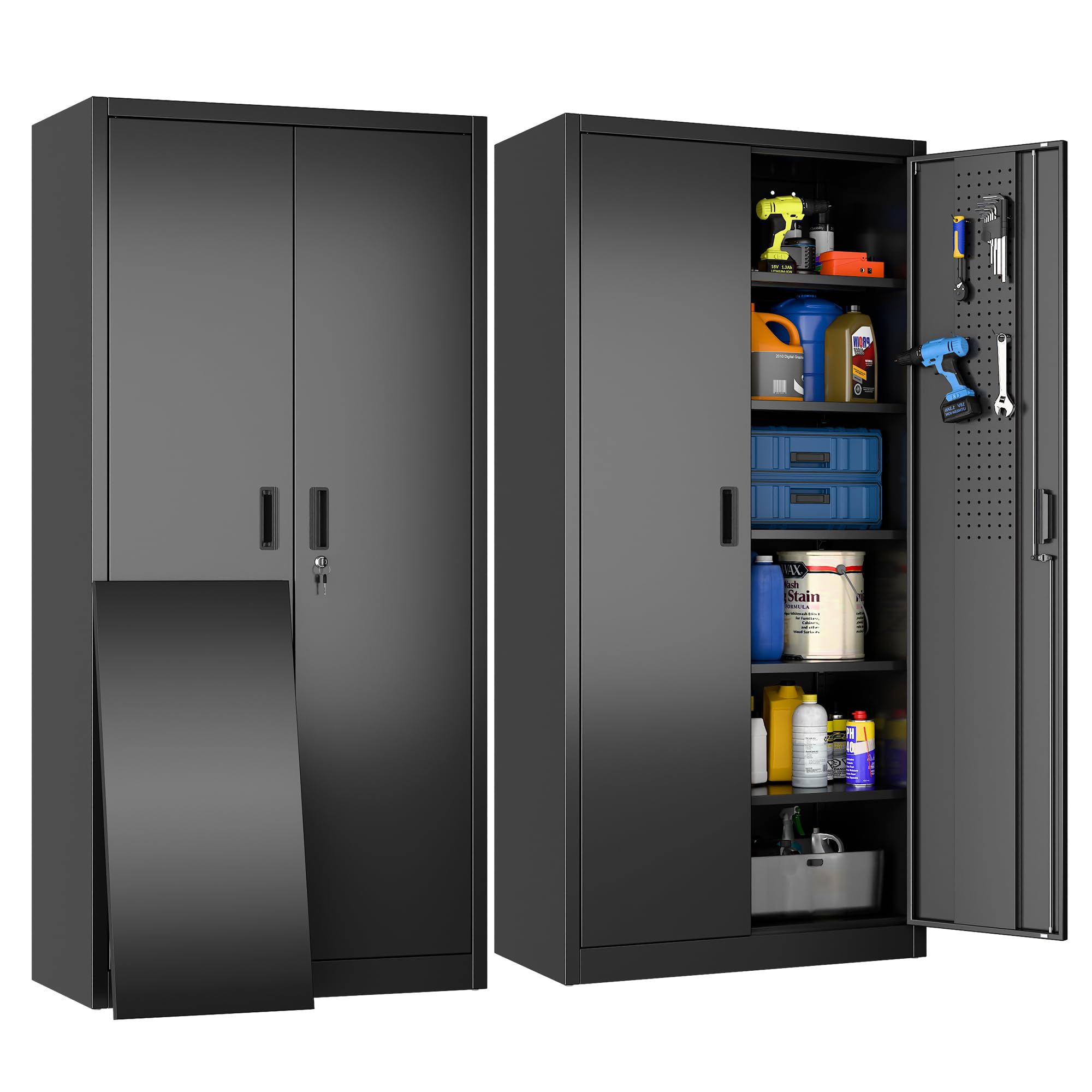 Garage Storage Cabinet With 5 Adjustable Shelves, Locking Metal Storage Cabinet With Pegboard Doors For Garage, Home, Black, Assembly Required — foto 7