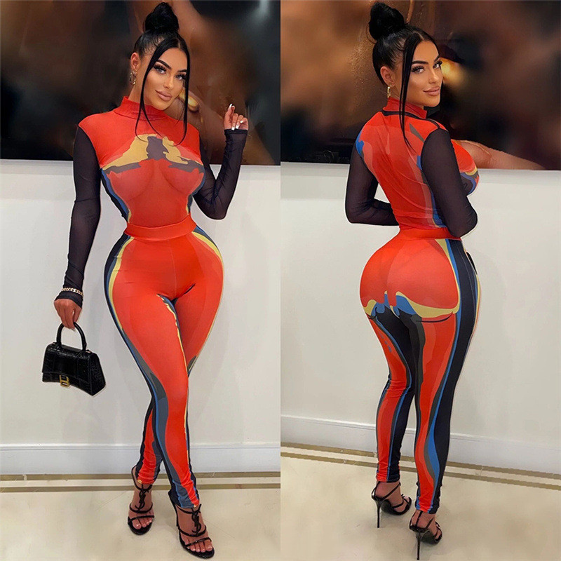 Women’s Fashion Printing Slim Long-sleeved Tight Pants Set
