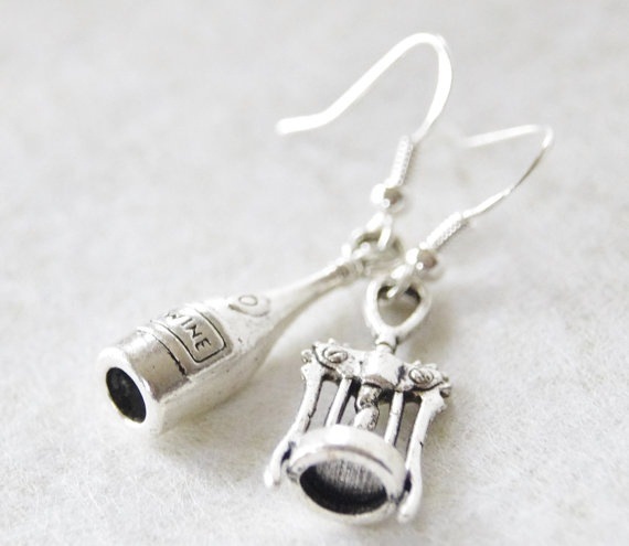 Silver Alloy Red Wine Bottle Wine Opener Earrings