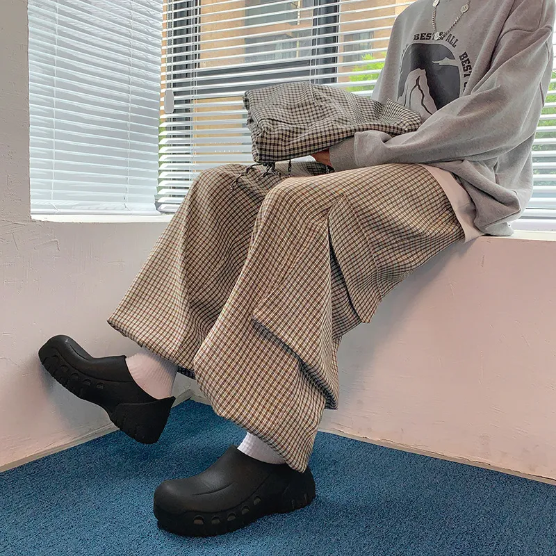 Wide Leg Big Pocket New Plaid Casual Pants Fashion - Coffee Plaid