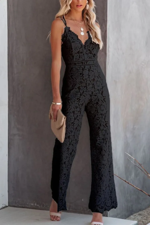 Solid Color Lace Stitching Sleeveless Casual Suspender Jumpsuit Black - Shop at LoveMi
