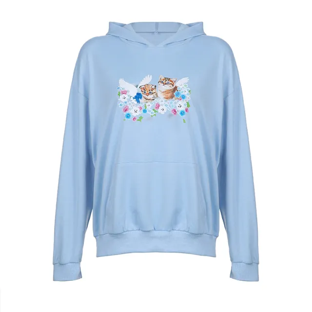 Cat Print Hooded Loose Pullover Long Sleeve Casual Sweater Women Blue - Shop at LoveMi