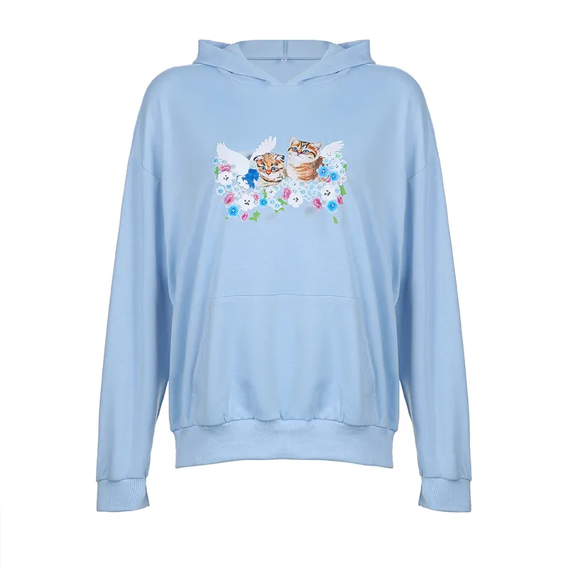 Cat Print Hooded Loose Pullover Long Sleeve Casual Sweater Women - Blue