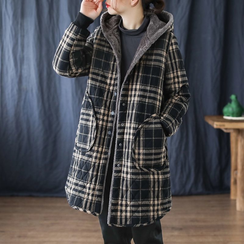 Women's Cotton And Linen Plaid Long Hooded Coat