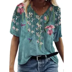 Floral Print Pullover V-neck Short Sleeve T-shirt For Women - Styles4 - View 1