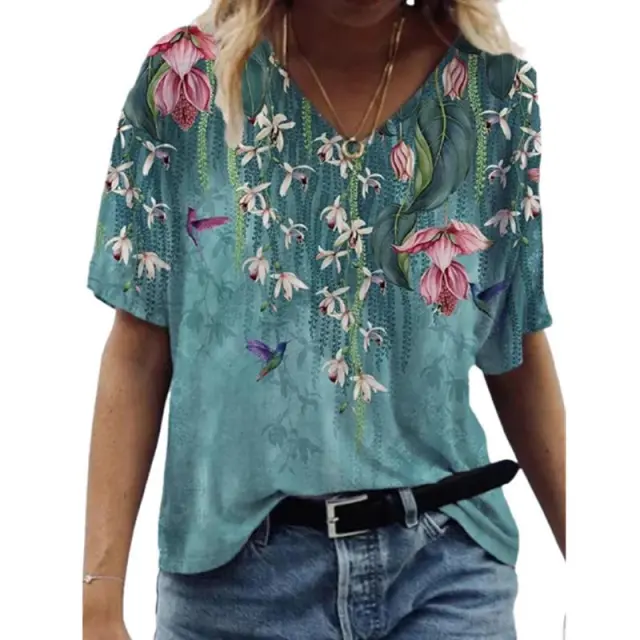 Floral Print Pullover V neck Short Sleeve T shirt For Women Styles4 - Shop at LoveMi