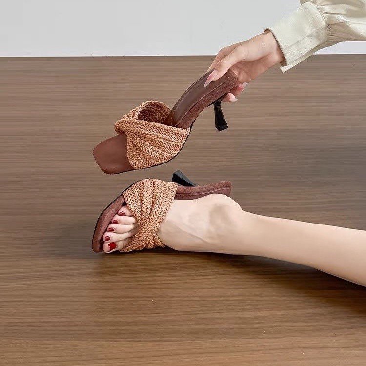 Woven Cross Strap Square Toe Mules For Women Slip On Stiletto Heel Brown Sole Sandals