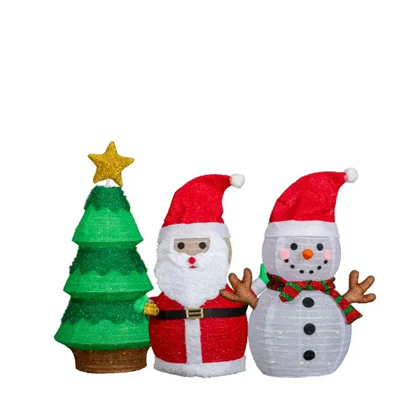 Set Of 3 Lighted Santa And Snowman And Xmas Tree Christmas Decorations, Pre-lit Pull Up Holiday Decor With 150 Warm White LED Lights For Xmas Outdoor Indoor Dec