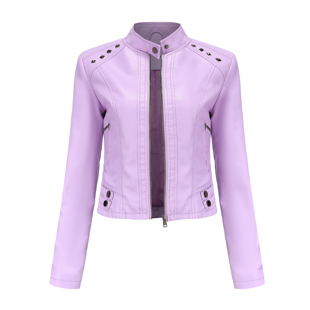 Studded Leather Women Short Jacket Long Sleeves Pink - Shop at LoveMi