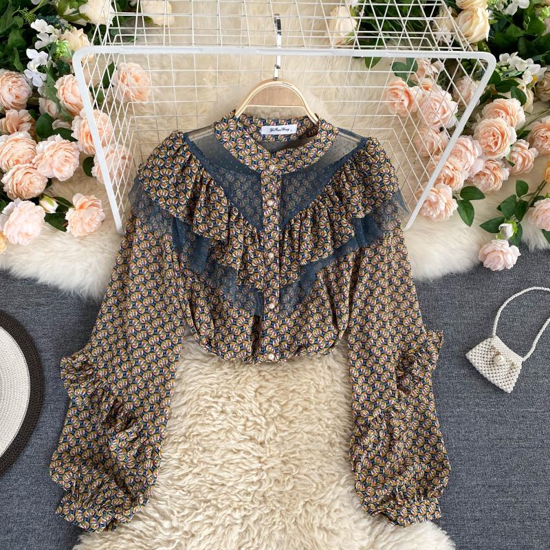 See-through Mesh Ruffled Western-style Puff Sleeve Floral Blouse