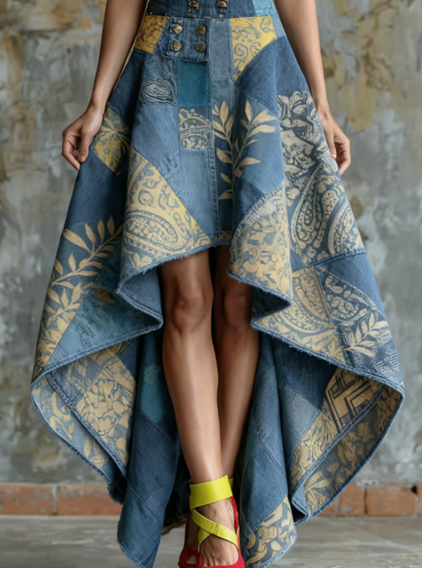 Vintage Distressed Denim Printed Asymmetric High-waist Flared Skirt