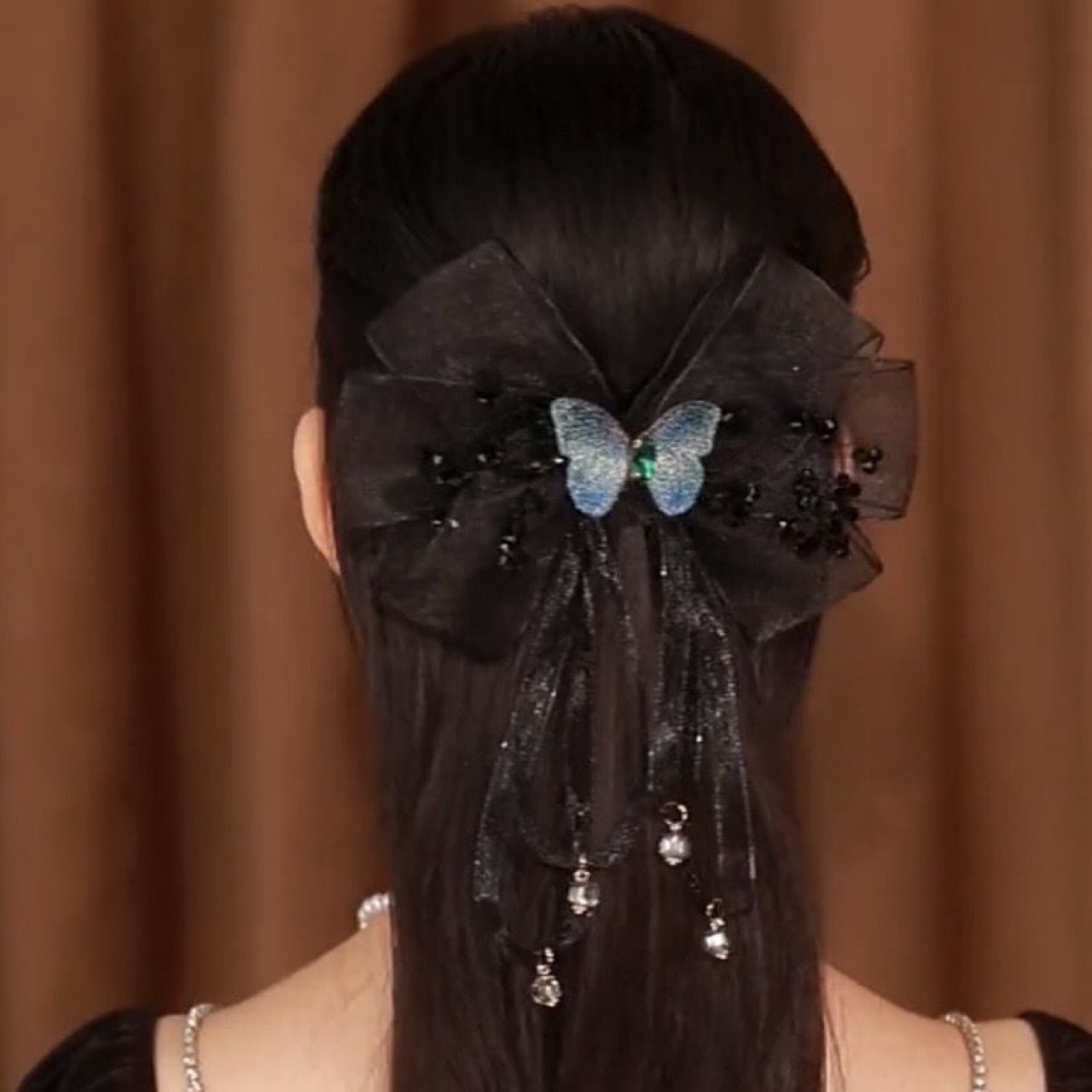 Fabric Hair Accessories Romantic Mesh Embroidered Butterfly Clip Black - Shop at LoveMi