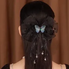 Fabric Hair Accessories Romantic Mesh Embroidered Butterfly Clip - Black - View 1