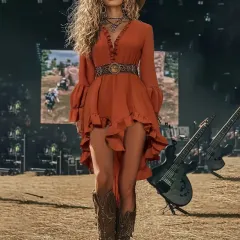 Womens Sexy Deep V Neck Western Cowgirl Dress Casual Long Sleeve Ruffle Irregular Hem Vintage Country Concert Dresses , No Belt Included - Orange - View 1