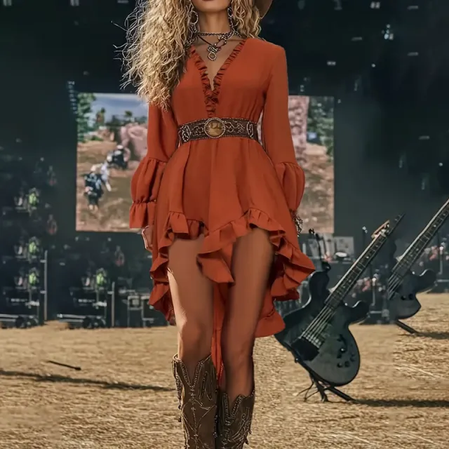 Womens Sexy Deep V Neck Western Cowgirl Dress Casual Long Sleeve Ruffle Irregular Hem Vintage Country Concert Dresses , No Belt Included Orange - Shop at LoveMi