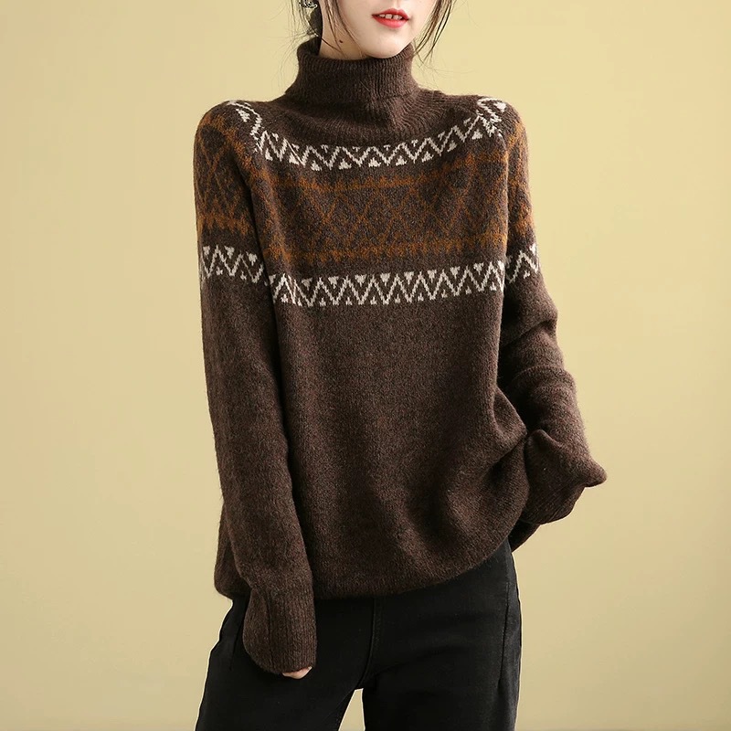Products Literary And Leisure High Neck Pullover Jacquard Knitted Sweater