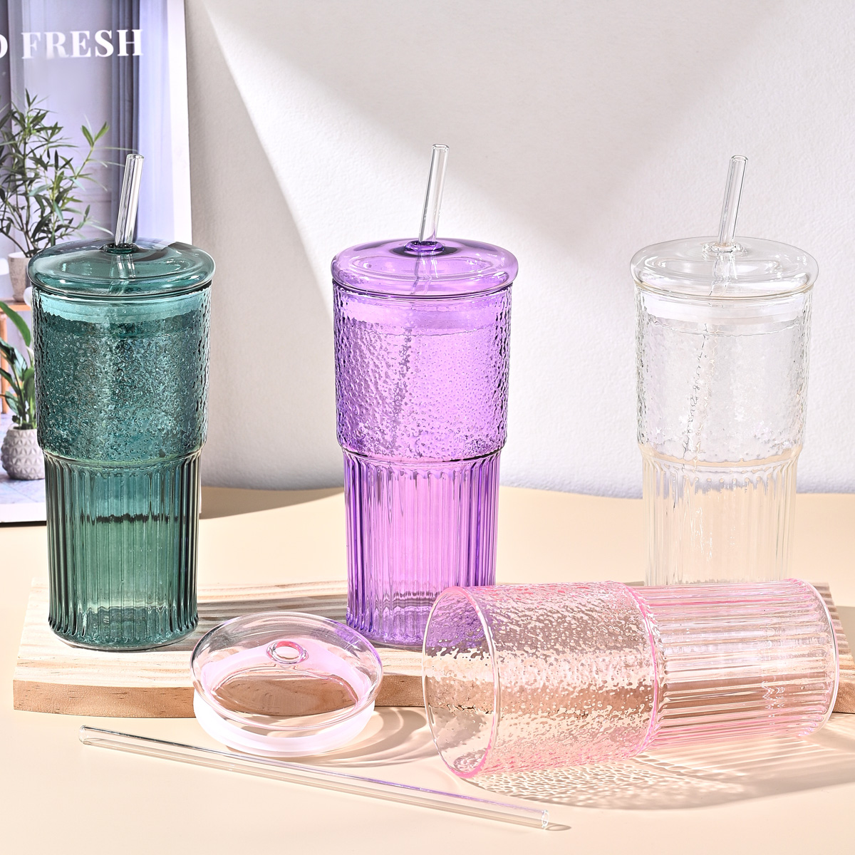 20 Oz 2-pack Green Glass Straw Cup With Vertical Pattern Cup And Lid, High Borosilicate Heat-resistant Glass Cup For Juice, Milk And Cold Drinks