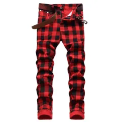 Print Check Fashion Personality Trend Jeans - Red - View 1