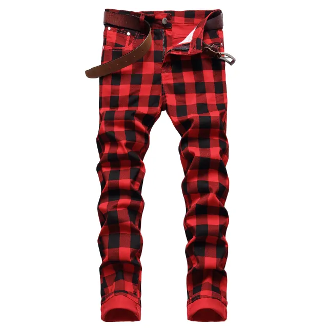 Print Check Fashion Personality Trend Jeans Red - Shop at LoveMi