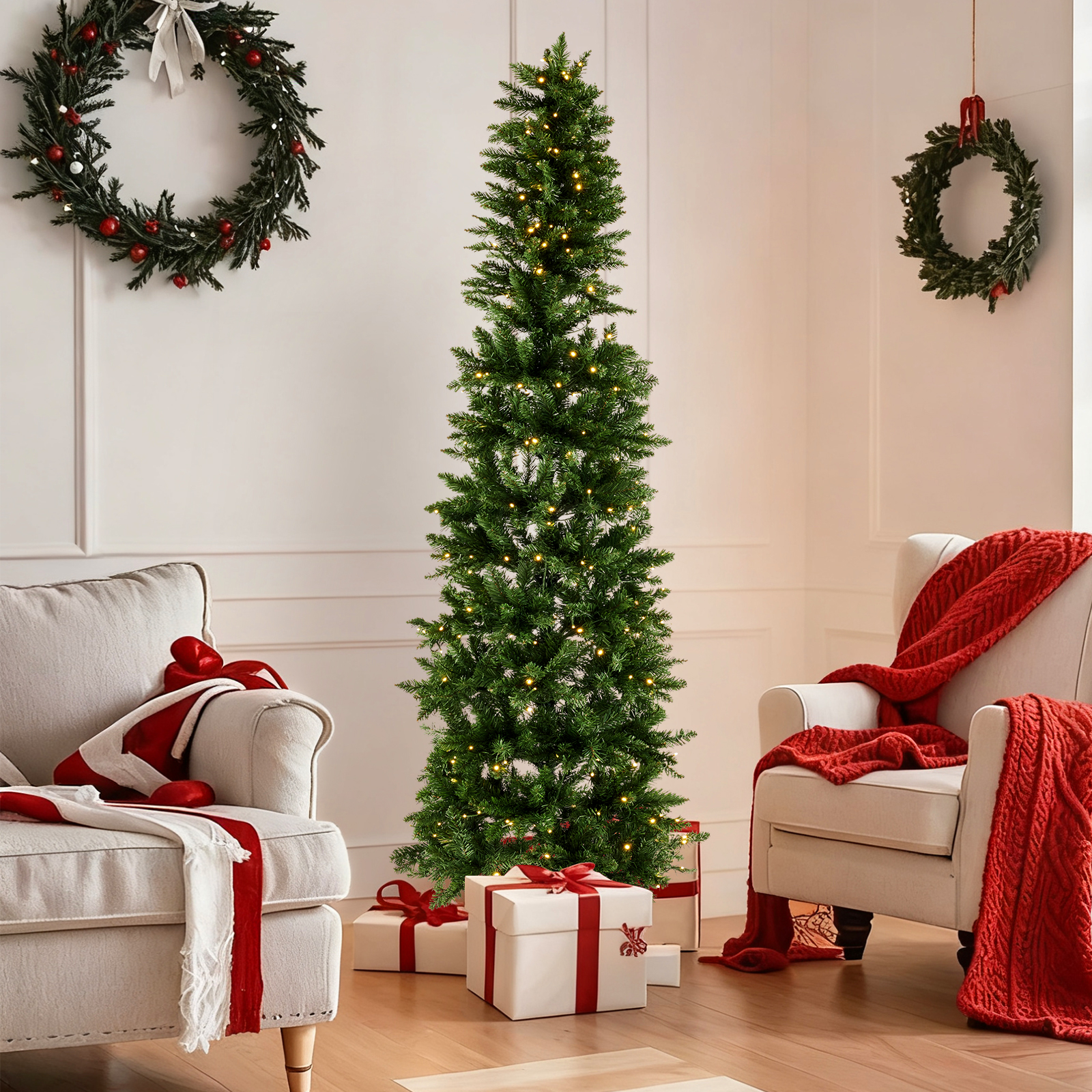 Pencil Christmas Tree, Prelighted Artificial Slim Christmas Trees With 250 Incandescent Lights, 571 Branch Tips & Foldable Base image 6