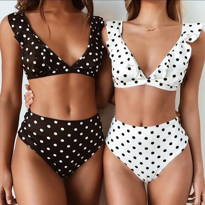 2pcs Black and White Polka Dot Print Swimsuit Sexy