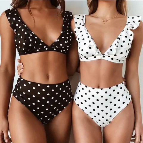 2pcs Black and White Polka Dot Print Swimsuit Sexy