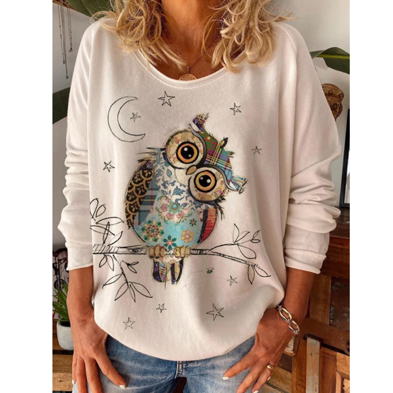 Title 1, Owl Animal Print Long Sleeved Round Neck Loose