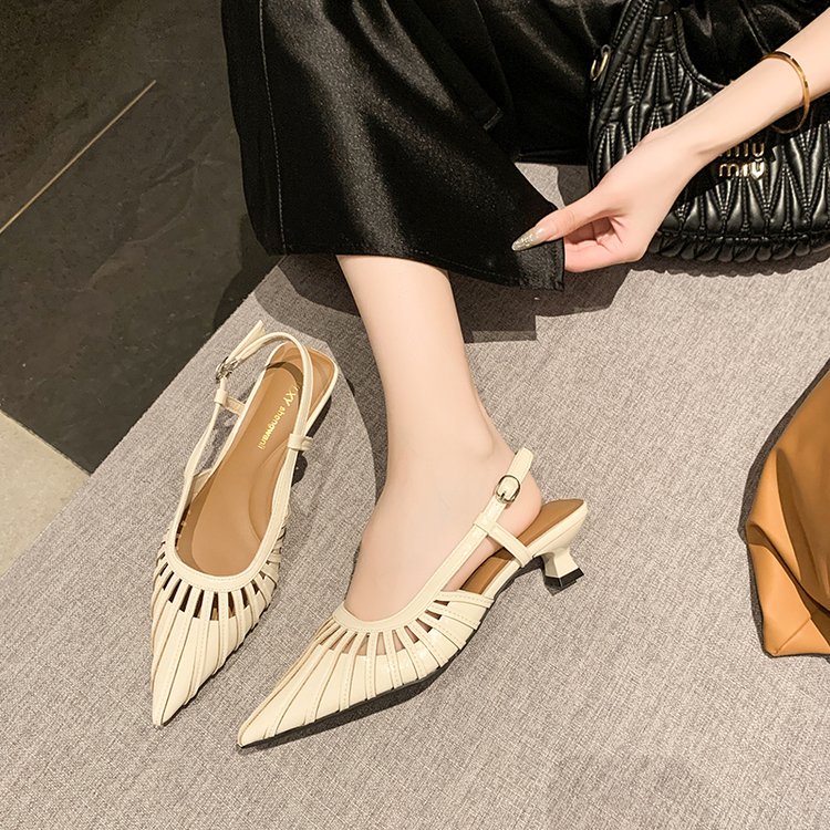 Summer Golden Women Backless Sandals, Chic One Buckle Strap Pointed Toe Woven Hollow Out Low Heel Sandals