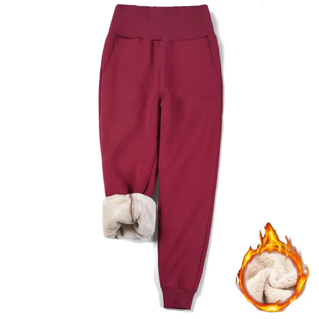 High Waist Warm And Fleece Trousers Show Thin Feet In Leisure Wine Red - Shop at LoveMi