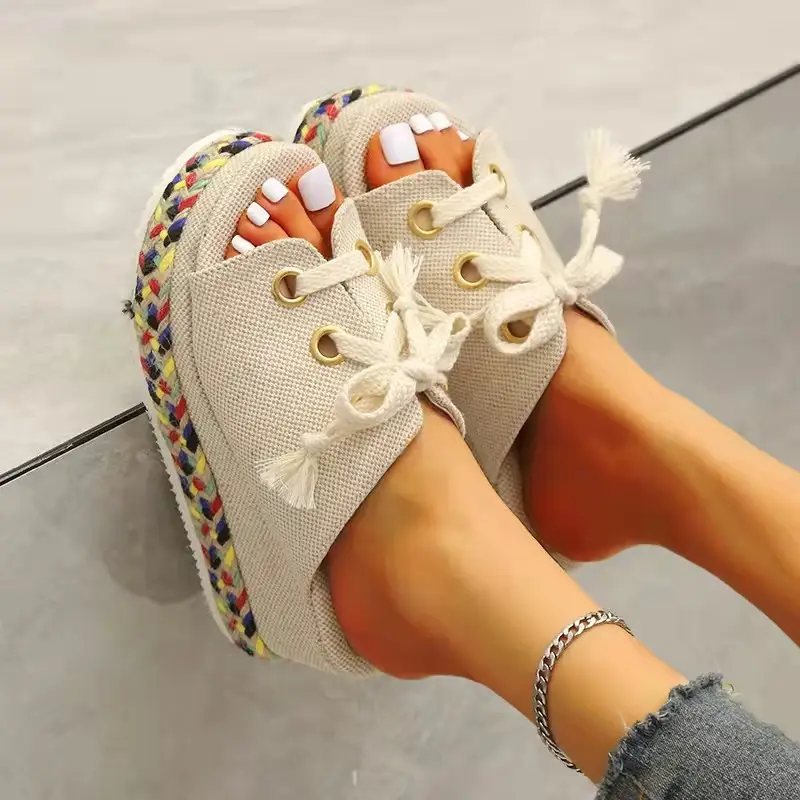 Fish Mouth Linen Platform Beach Sandals
