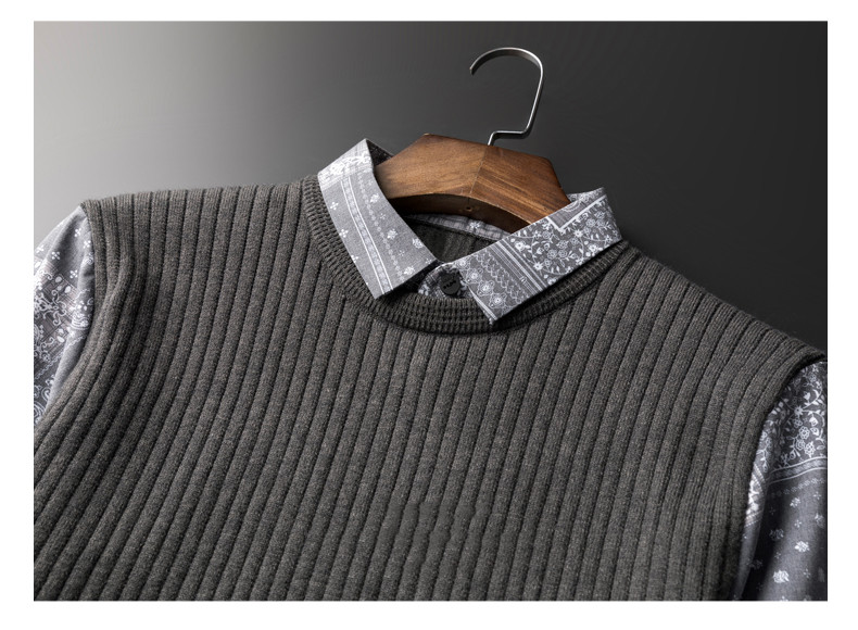 Autumn Men's Business Knitted Vest Stitching Top Fake Two Piece Sweater