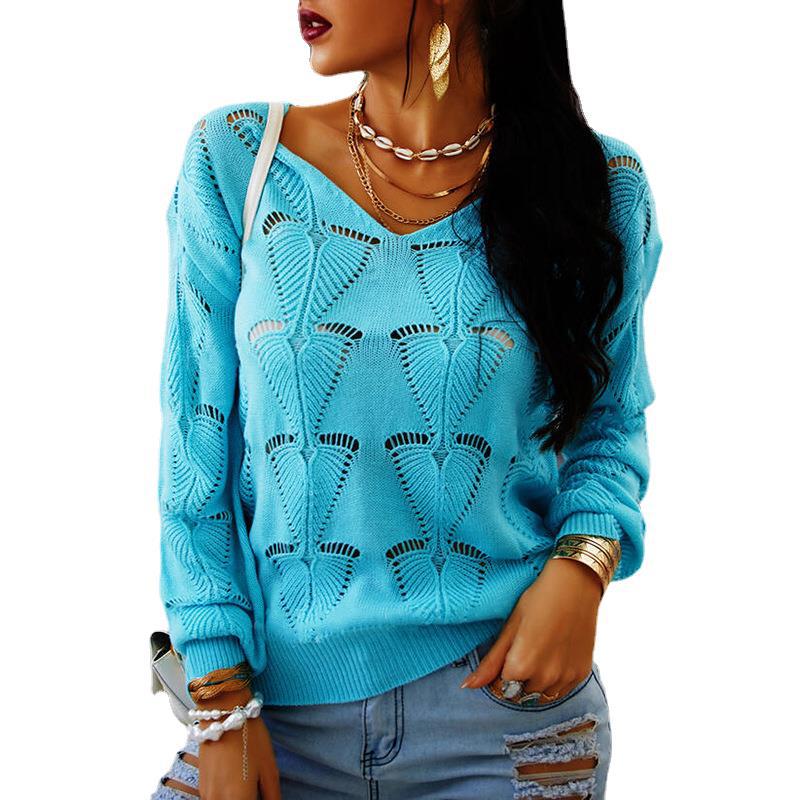 Title 2, Pure Color Hollow Loose V-neck Casual Sweater