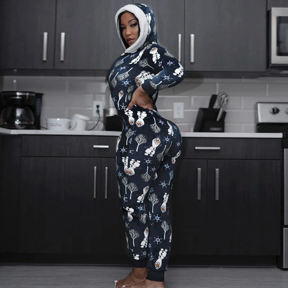 Fall Winter European And American Women's Hooded Christmas Printed Homewear V Neck Jumpsuit Blue - Shop at LoveMi
