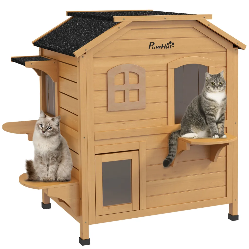 2-Story Wooden Outdoor Cat House Feral Shelter With Escape Door Asphalt Roof 4 Platforms Natural - Yellow