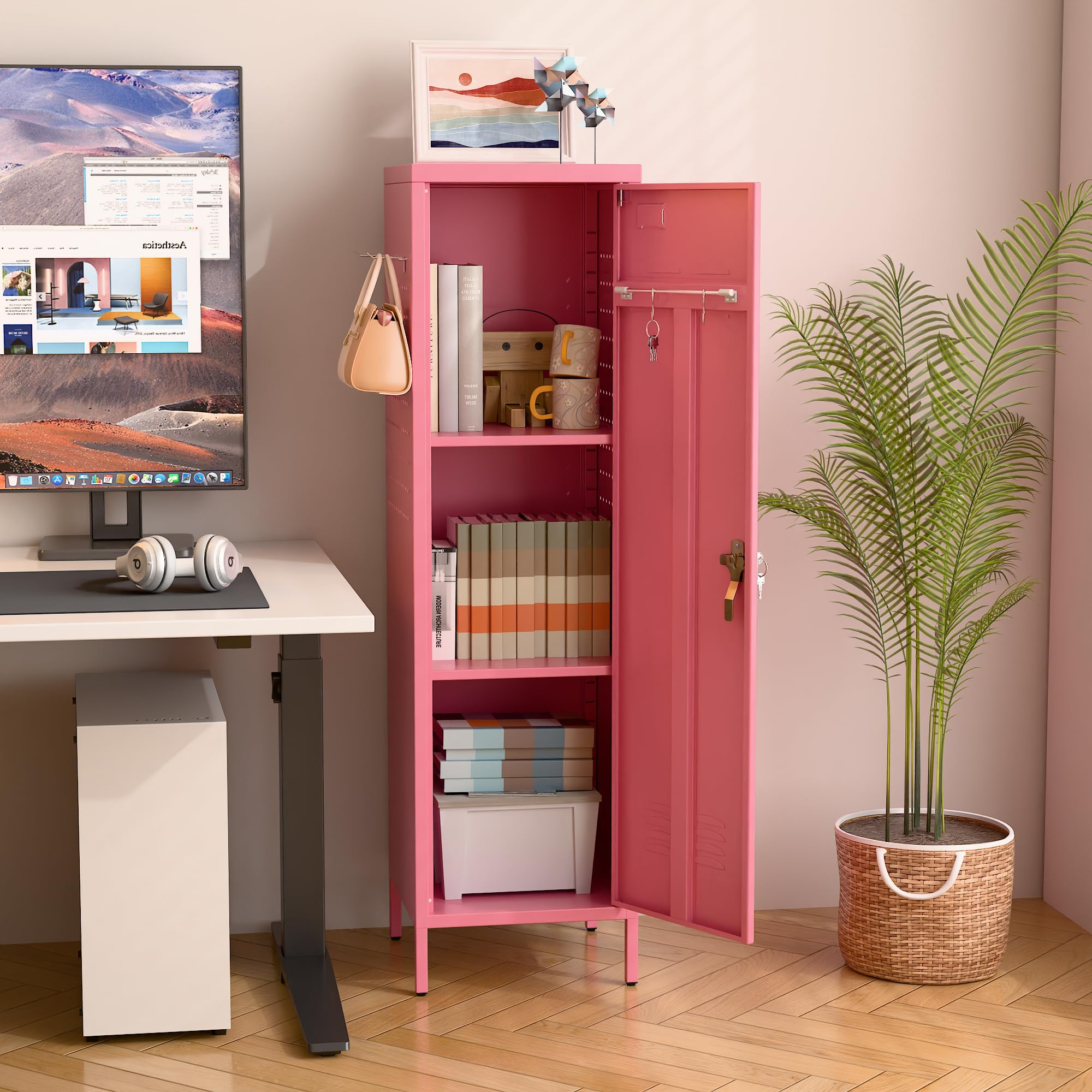SUPEER Lockable Metal Lockers With Handle And Keys,Metal Storage Locker With 2 Pegboard & 5 Hooks For Home,Office,School,54.45inch H X 15inch W X 15inch,Pink,Required Assembly — foto 3