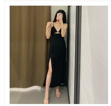 New Style Long Black Temperament Suspender Dress