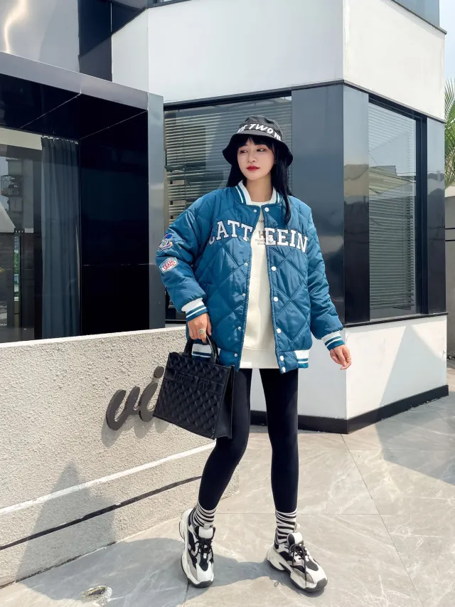 Embroidered Preppy Padded Padded Jacket Blue - Shop at LoveMi