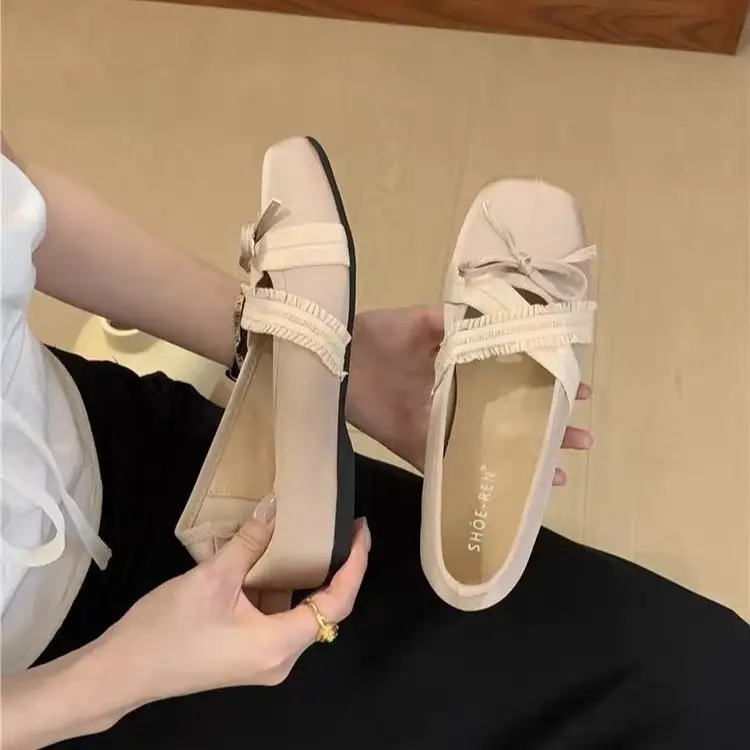 Women Vintage Ruffle Frill Trim Cross Band Tiny Ribbon Bow Ballet Flats Matching Casual Daily Picnic Doll