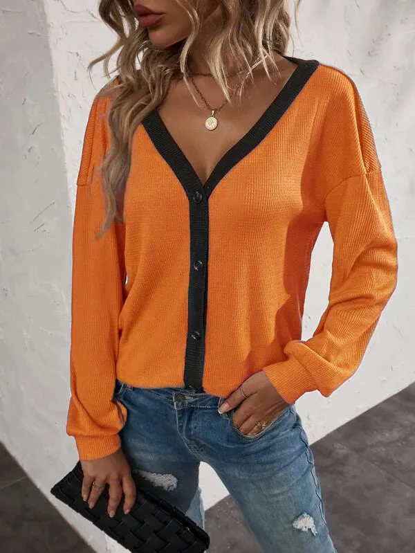 New Women's Top Waffle Long Sleeve Cardigan T shirt Pumpkin Orang - Shop at LoveMi