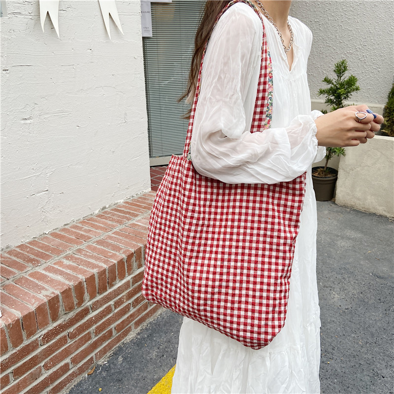 Women's Plaid Floral Stitching Canvas Bag Red - Shop at LoveMi