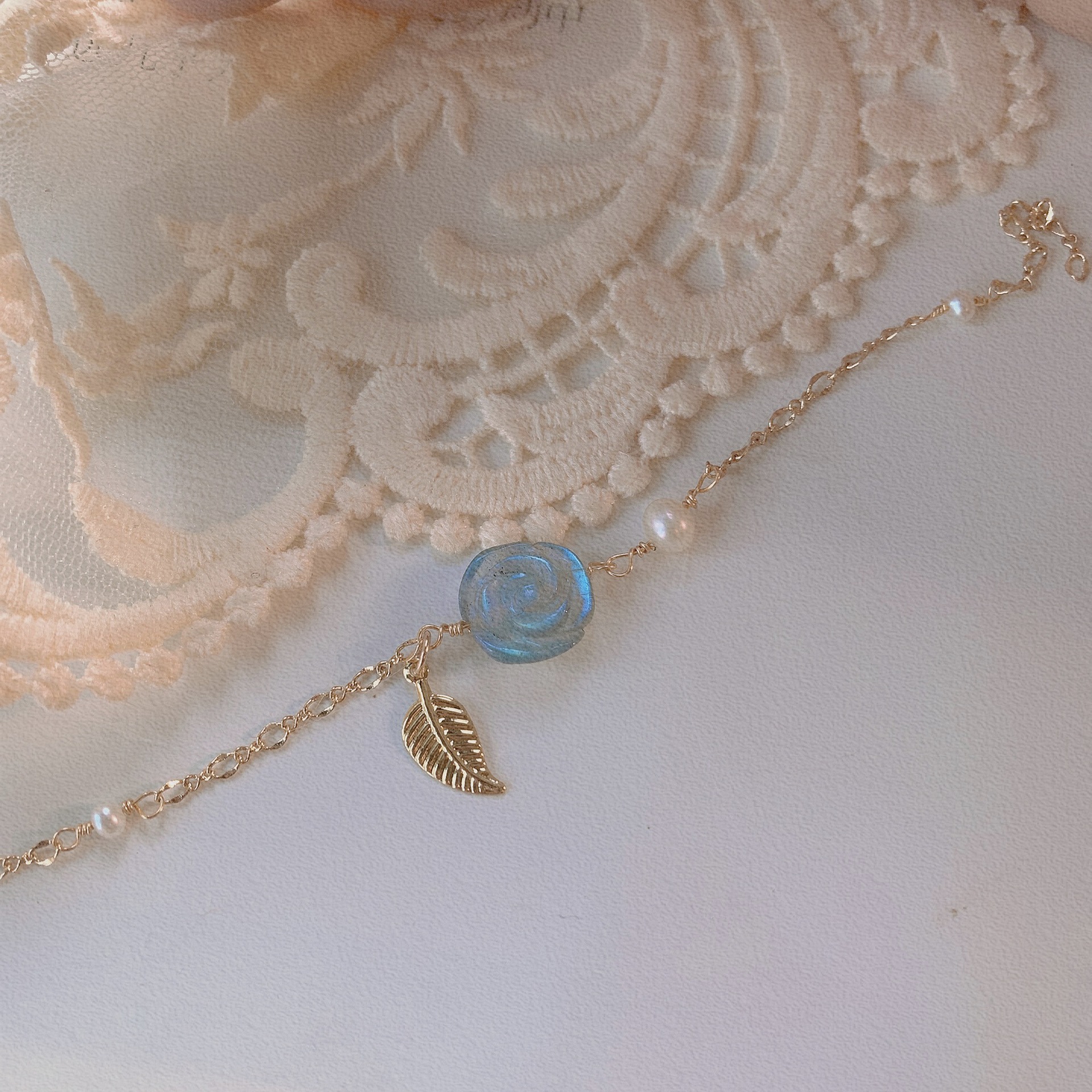Grey Moonlight Rose Flower Gold Leaf Bracelet