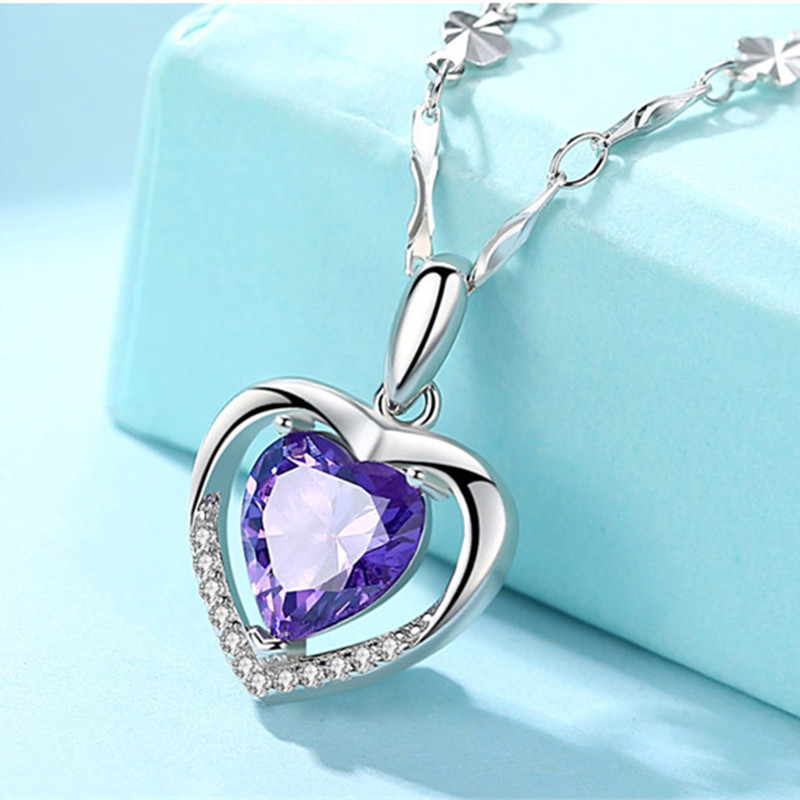 Silver Plated Eternal Heart Heart Pendant Female Blue Crystal Love Necklace Fashion Clavicle Chain