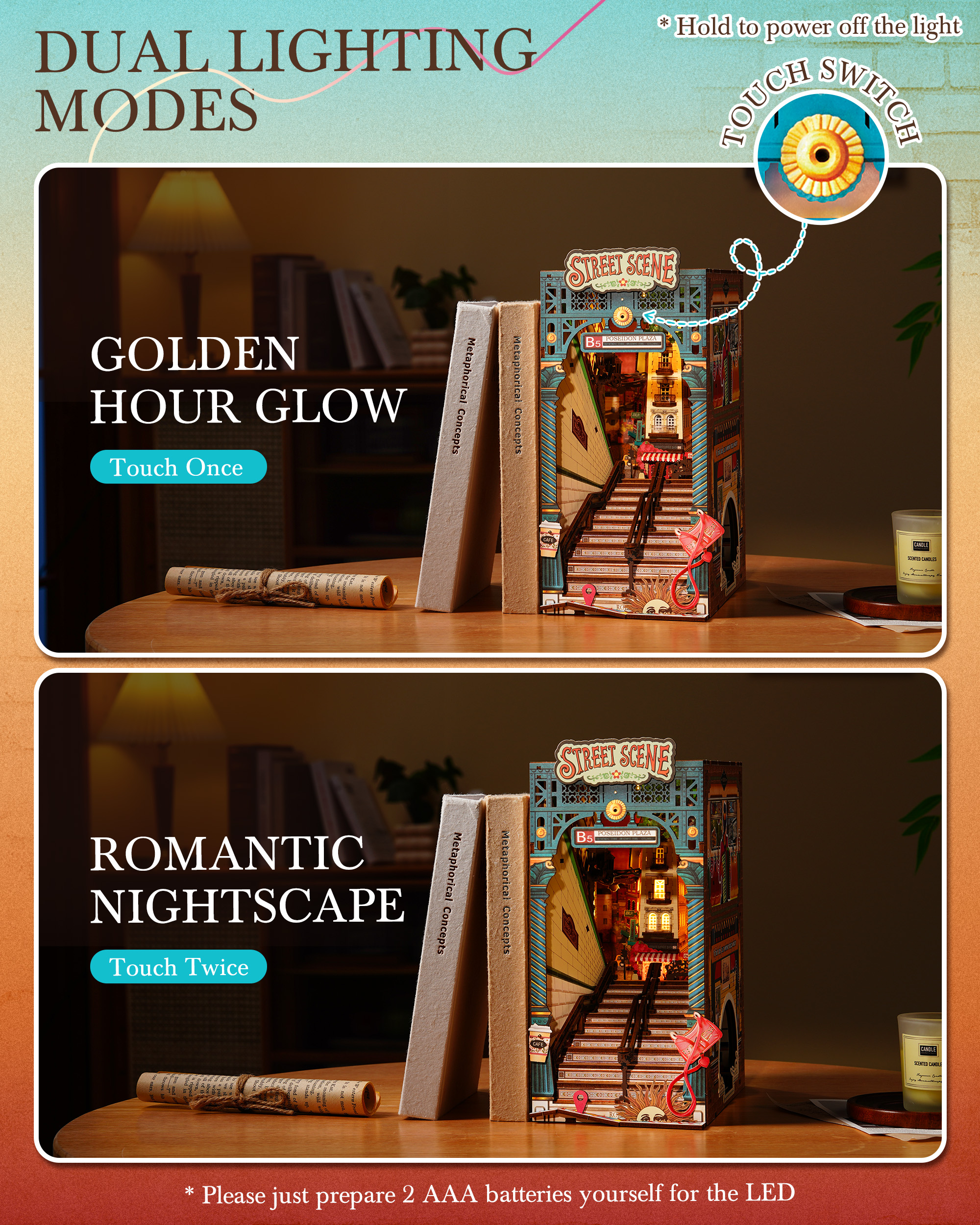 Rolife Urban Street Scene Bookend Set - 3D Subway Scene, 3D Puzzle Set With LED Lights, 196 Wooden Puzzle Pieces, Bookshelf Decoration With Dust Cover, Modern Urban 3D Model Gift