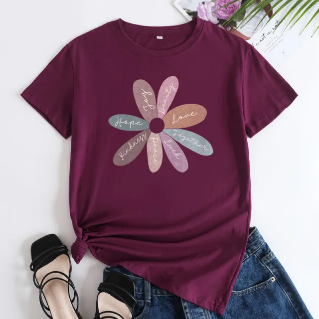 Flower Letter Fashion Round Neck Short Sleeve Wine Red - Shop at LoveMi