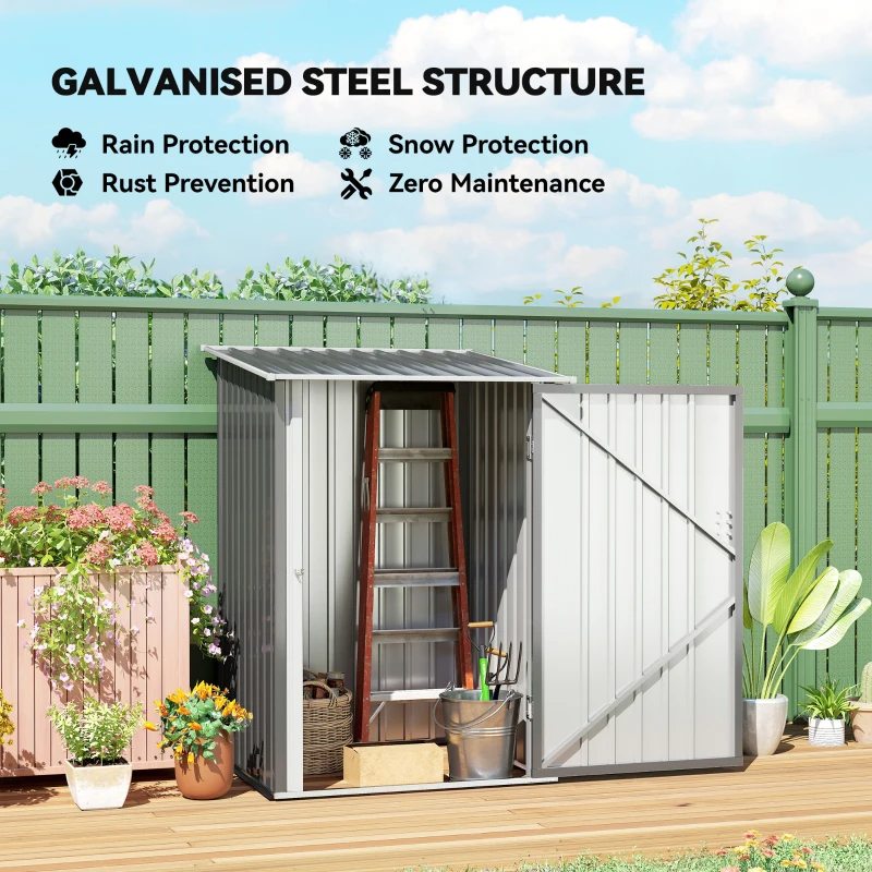 Lean-to Garden Storage Shed, Galvanized Steel Tool House With Lockable Door For Patio, Gray