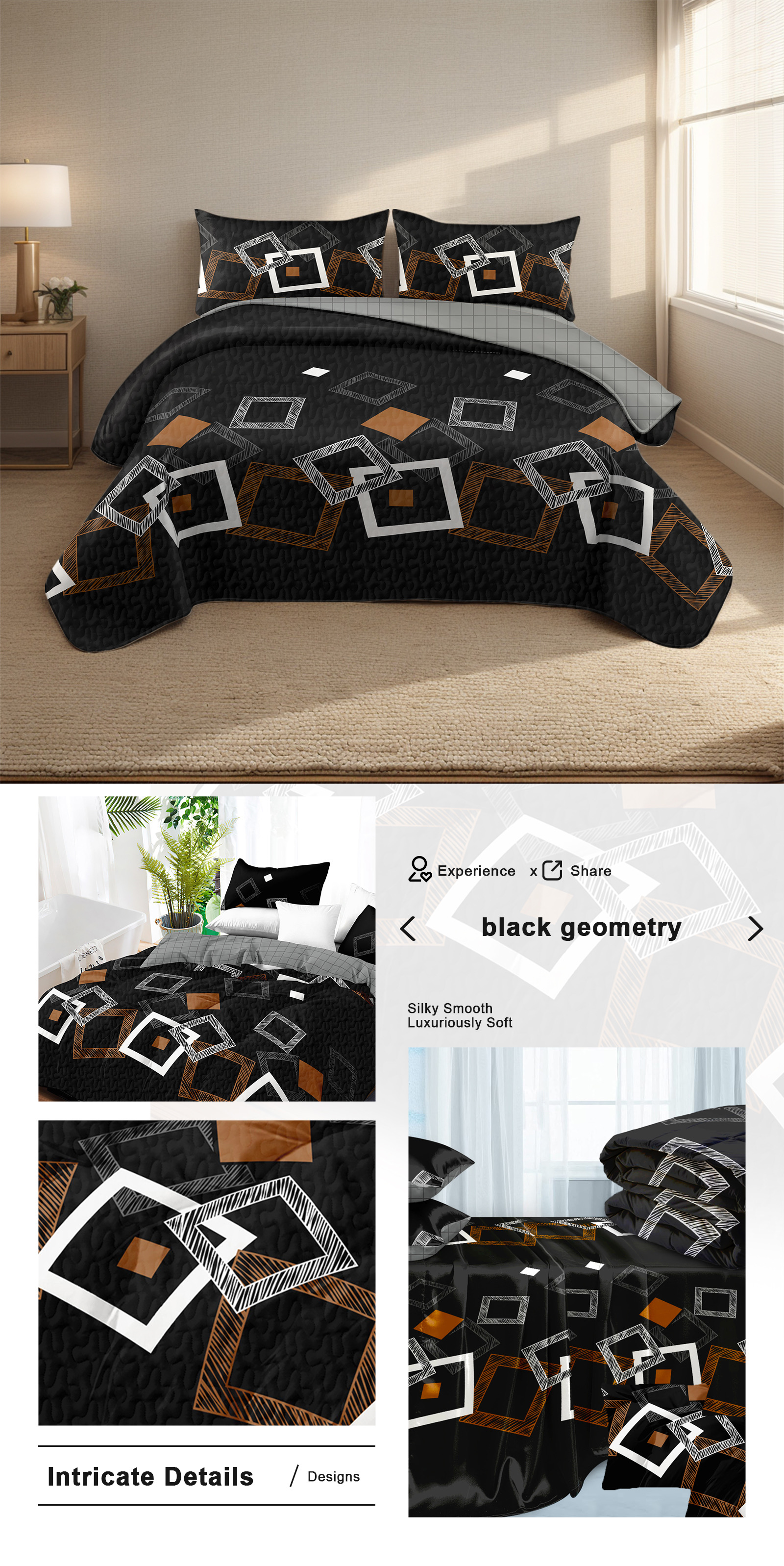 6-Piece Black Geometric Comforter Bedding Set For King And California King