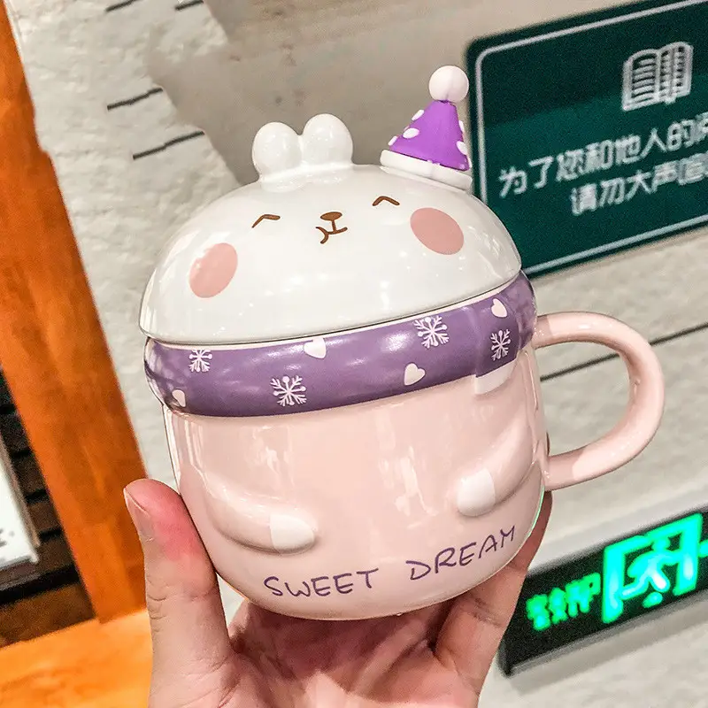 Gift Box Cute Cartoon Rabbit Ceramic Mug With Lid Spoon